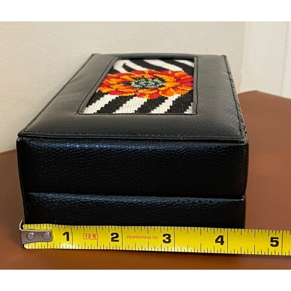 Vtg Floral Needlepoint Locking JEWELRY BOX Hand Stitched Black Zebra Small Lined